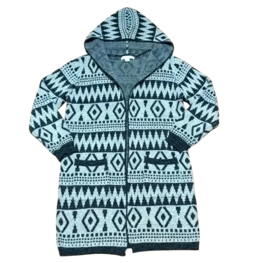 Monteau Boho Knit Open Front Hooded Duster Cardigan Medium